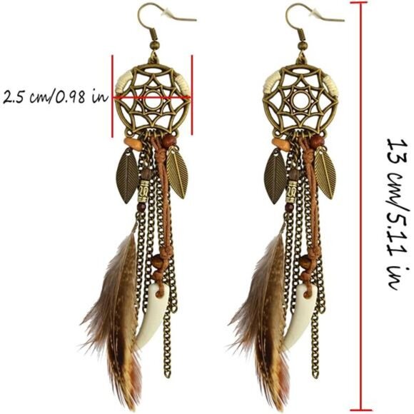 Punk Vintage Long Tassel Feather & Beads Drop Earrings - Wolf Tooth Pendant - Picture 6 of 8